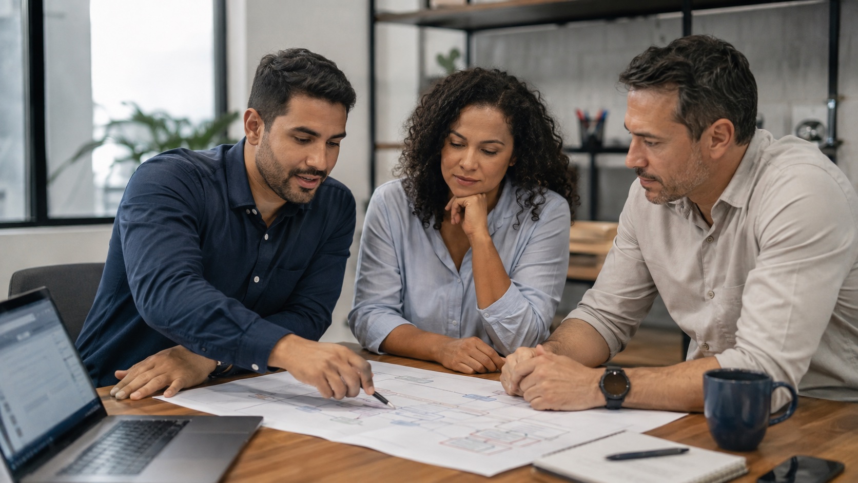 Equipe de consultoria analisando processos de ERP em conjunto
